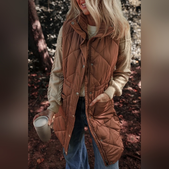 Pocketed Zipper and Button Puffy Vest Coat - Picture 6 of 8